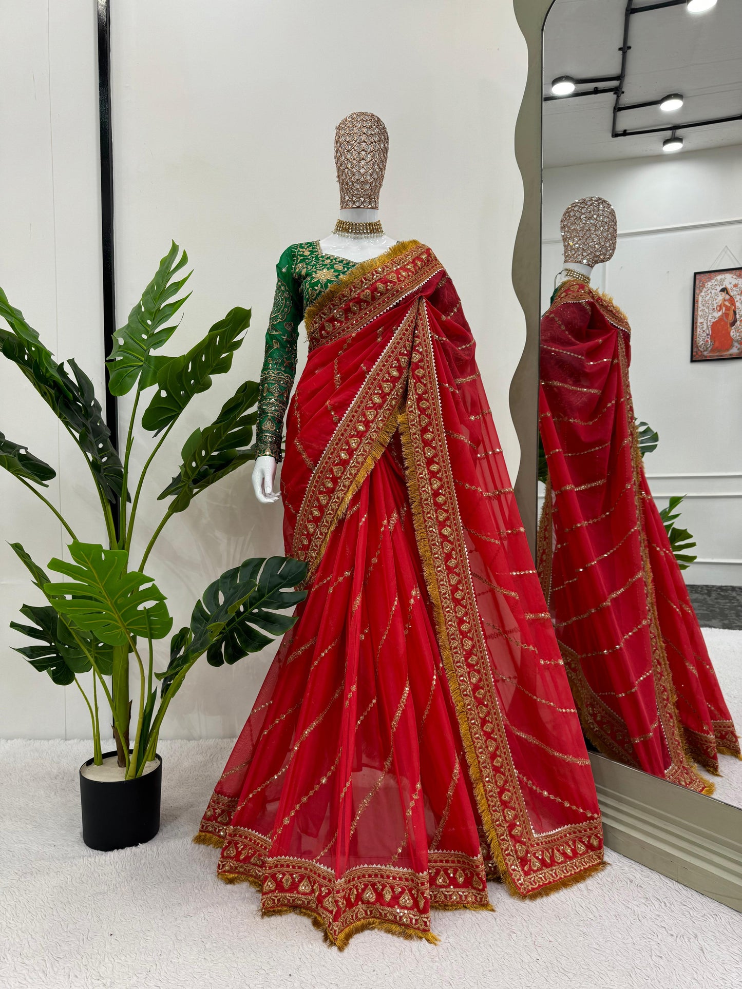 Red organza silk embroidered designer wedding saree