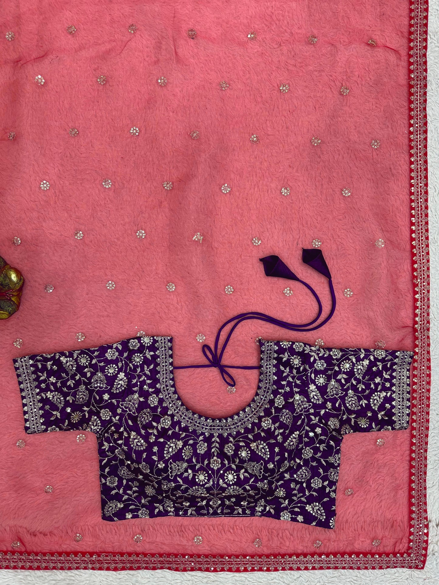Red organza thread sequins work party wear saree