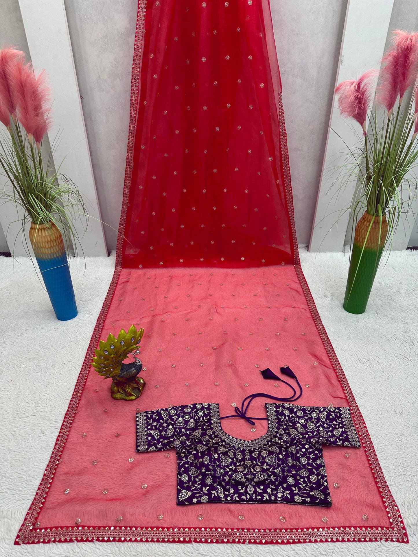 Red organza thread sequins work party wear saree