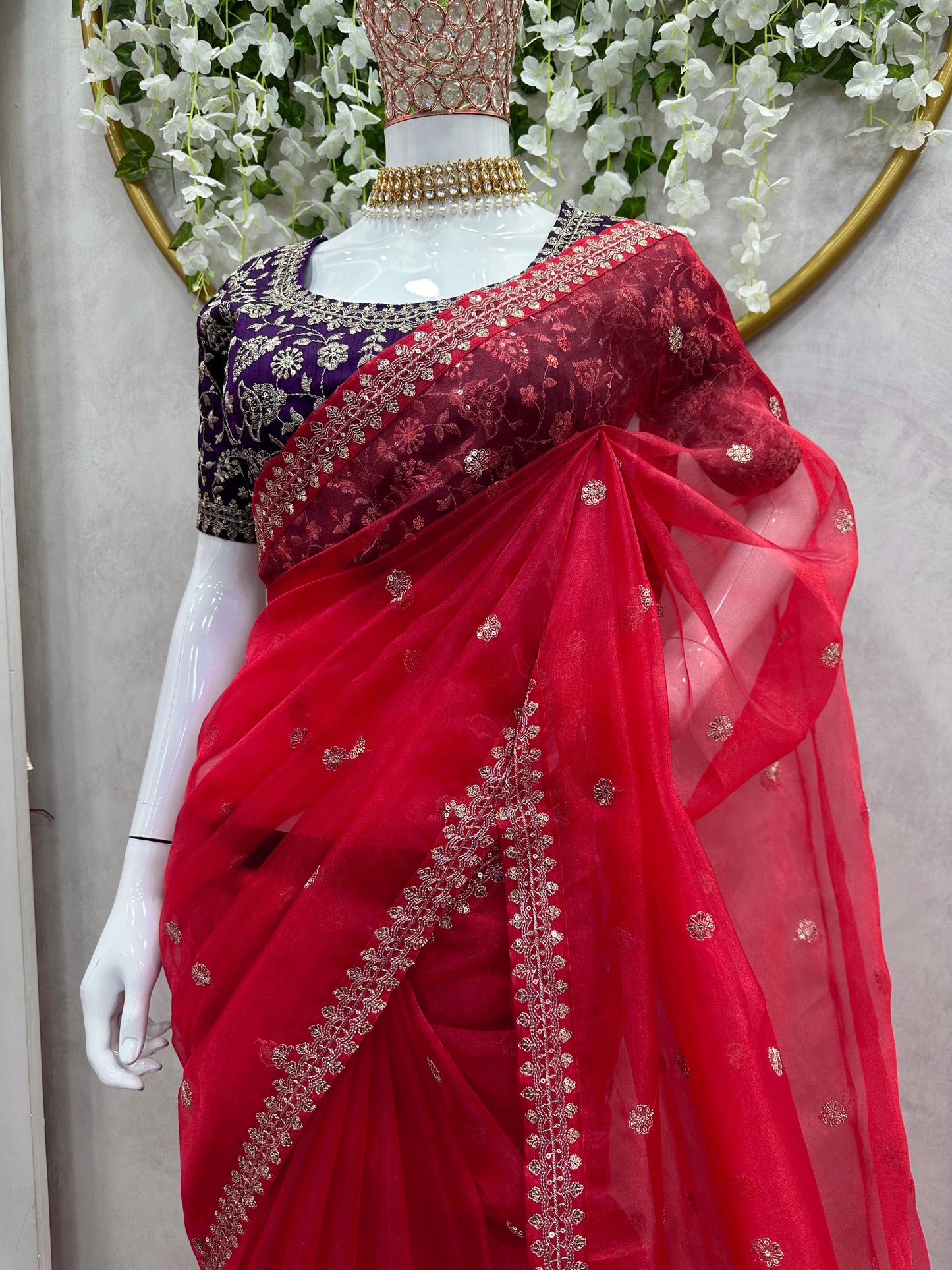 Red organza thread sequins work party wear saree