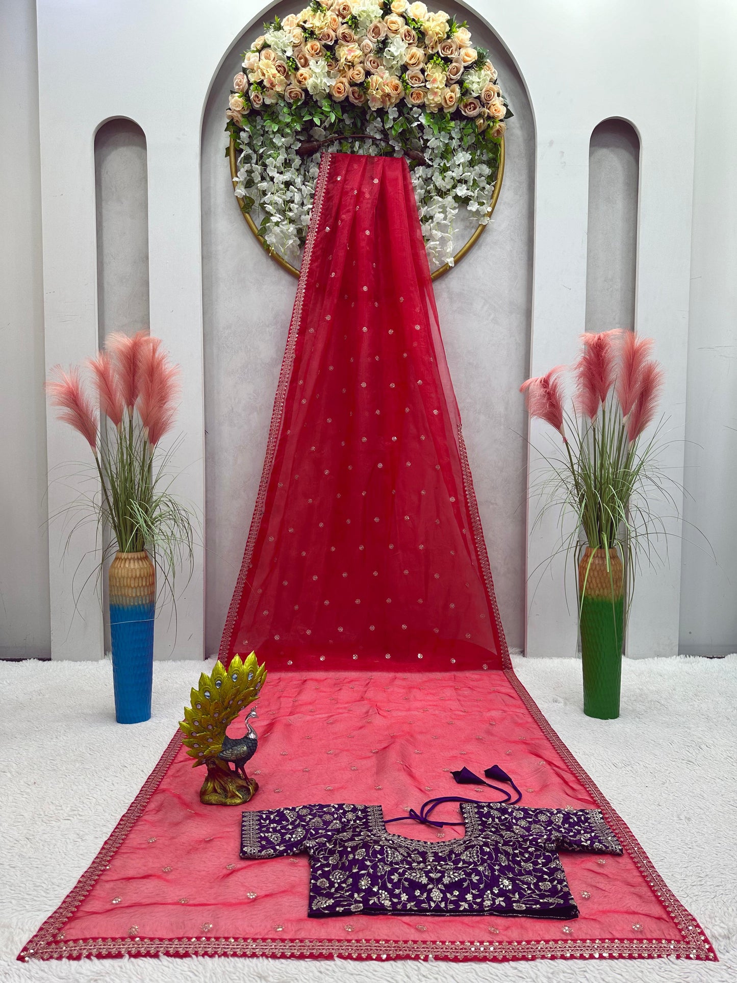 Red organza thread sequins work party wear saree