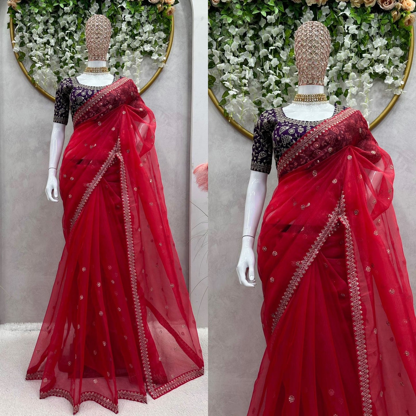 Red organza thread sequins work party wear saree