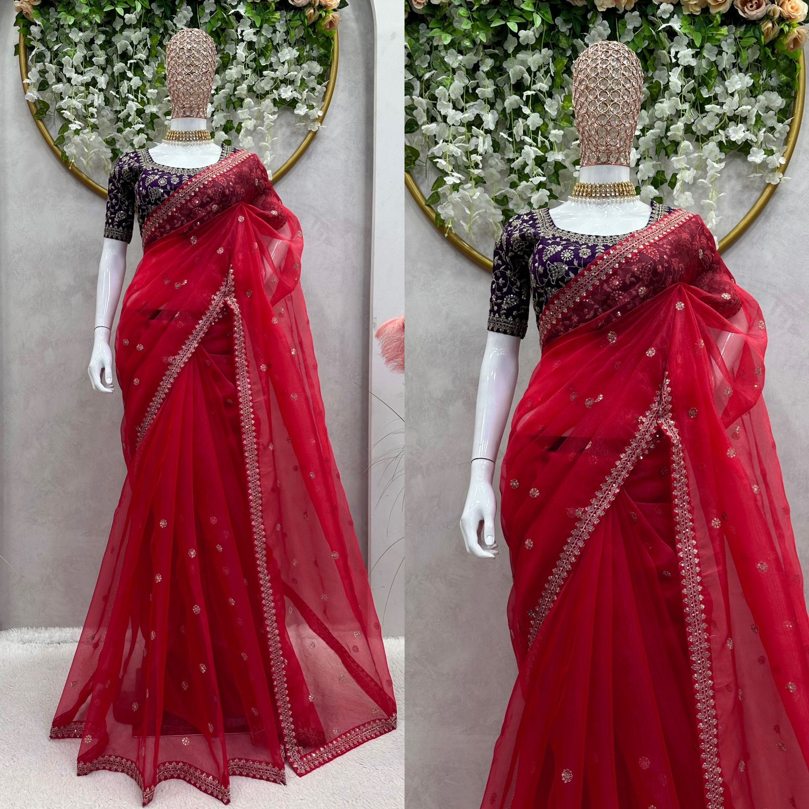 Red organza thread sequins work party wear saree