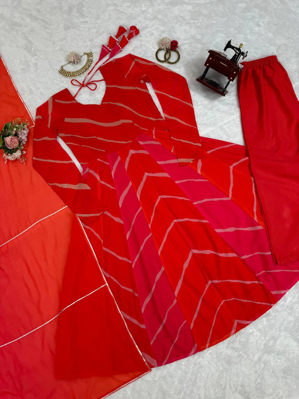 Red printed georgette long designer anarkali suit