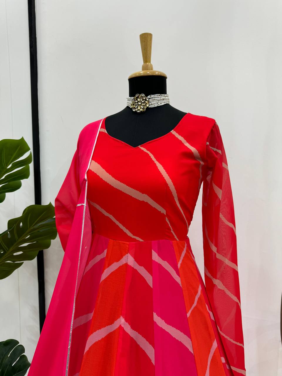 Red printed georgette long designer anarkali suit