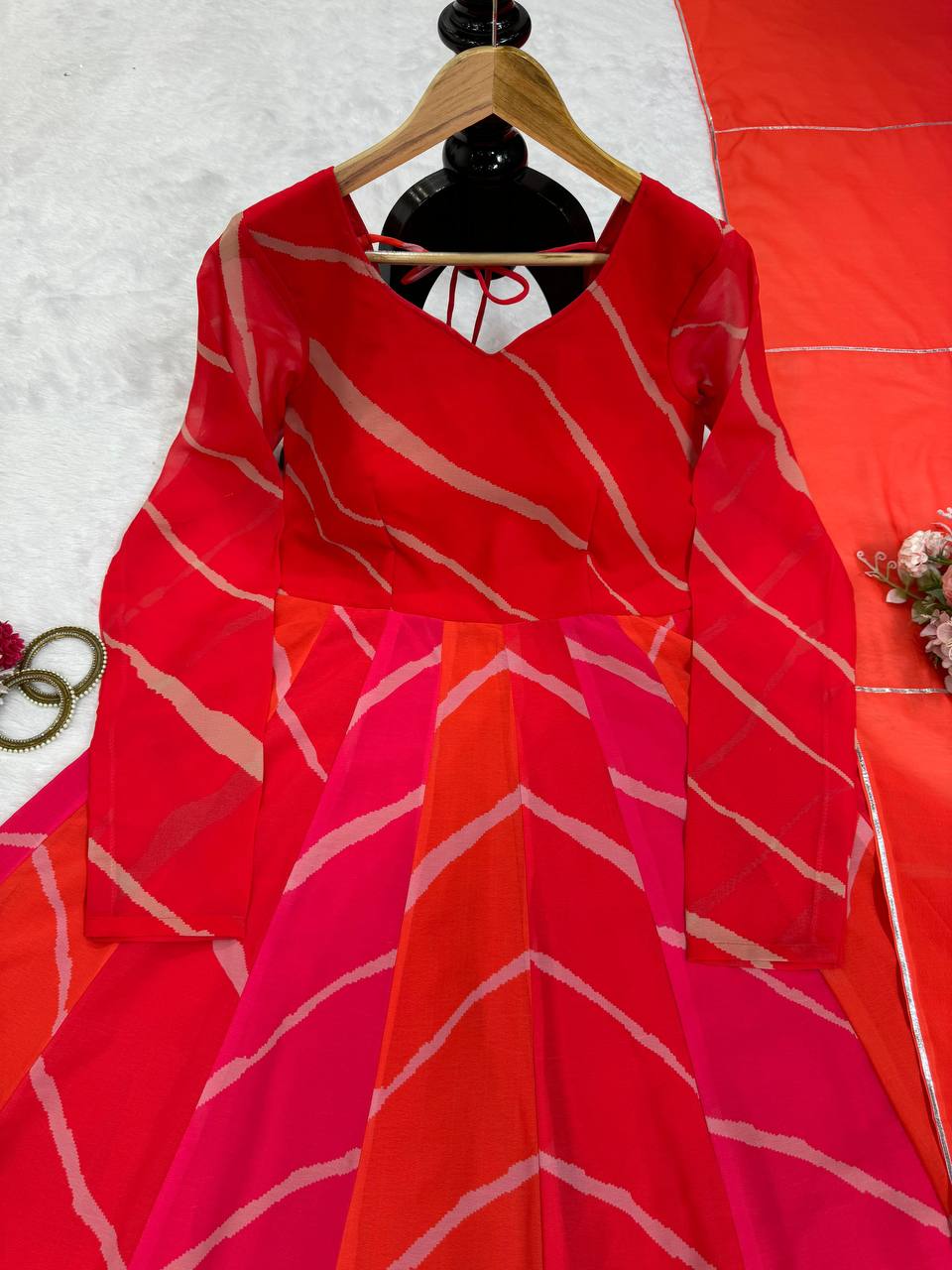 Red printed georgette long designer anarkali suit