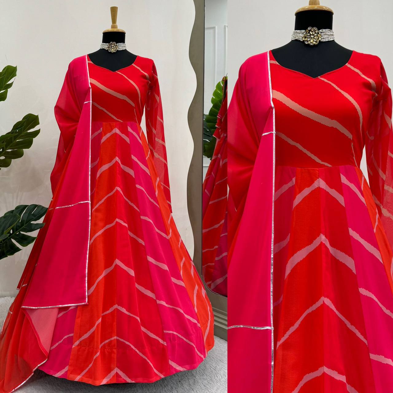 Red printed georgette long designer anarkali suit