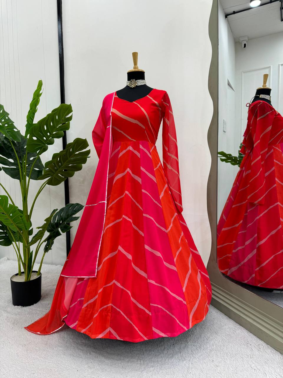 Red printed georgette long designer anarkali suit