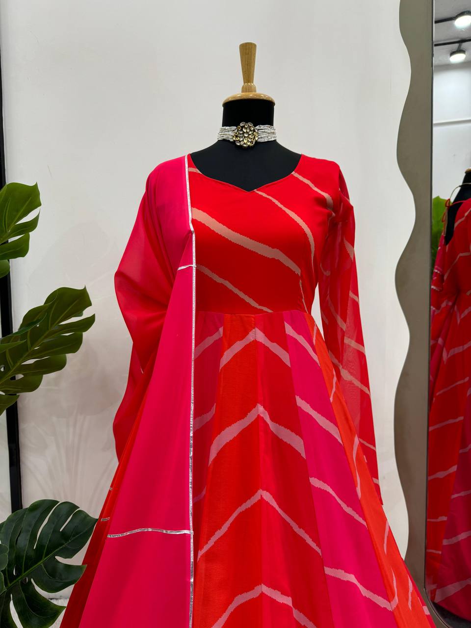 Red printed georgette long designer anarkali suit