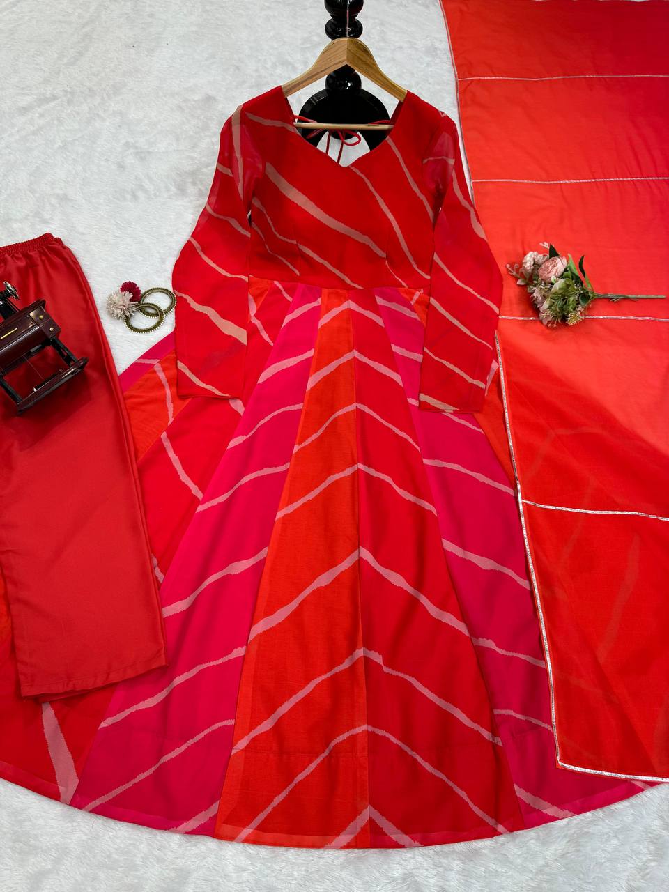Red printed georgette long designer anarkali suit