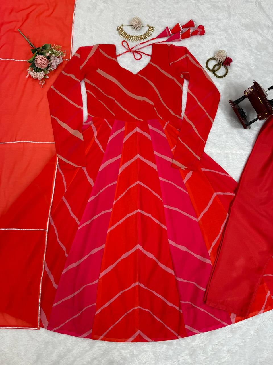 Red printed georgette long designer anarkali suit