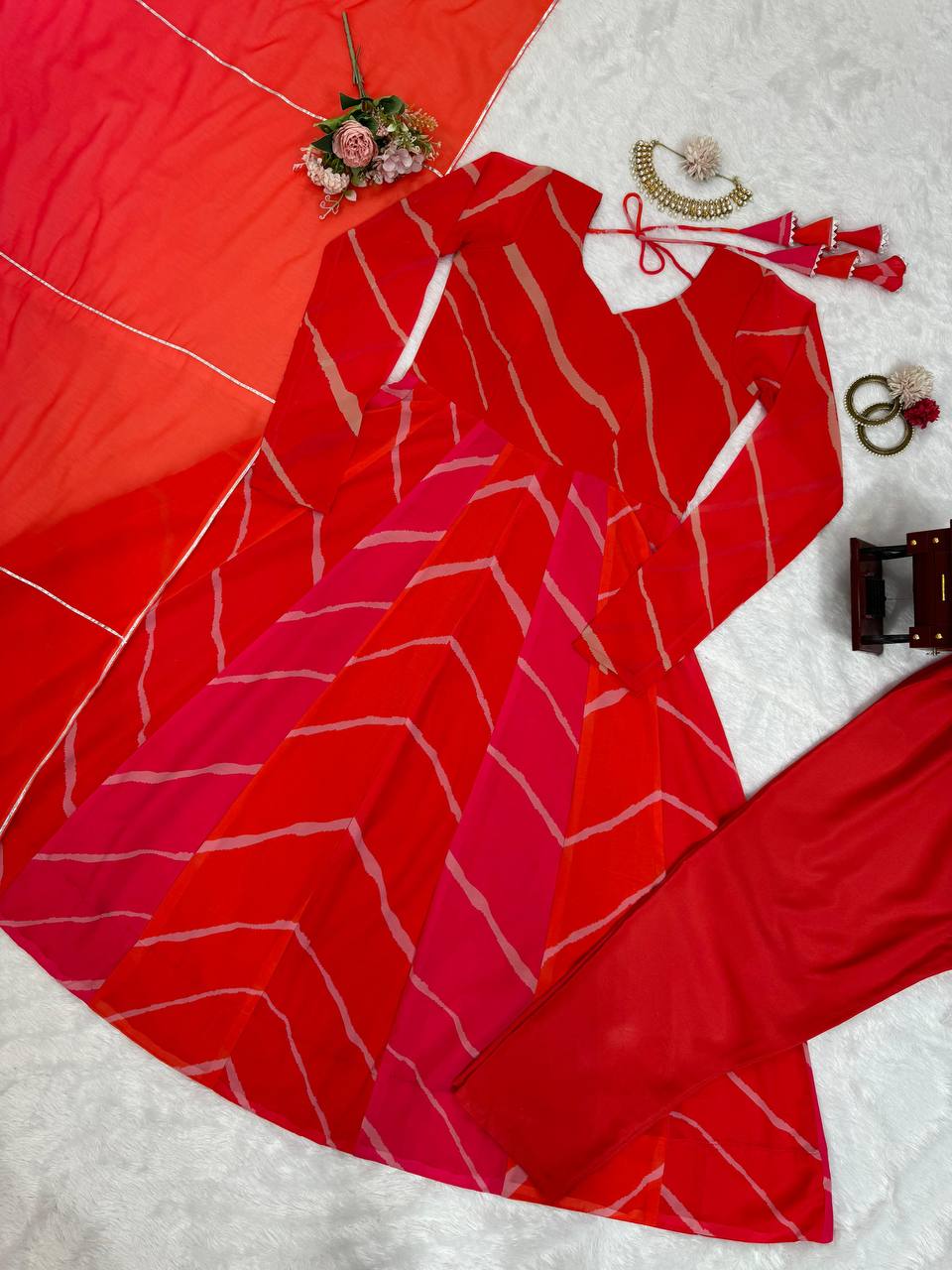 Red printed georgette long designer anarkali suit