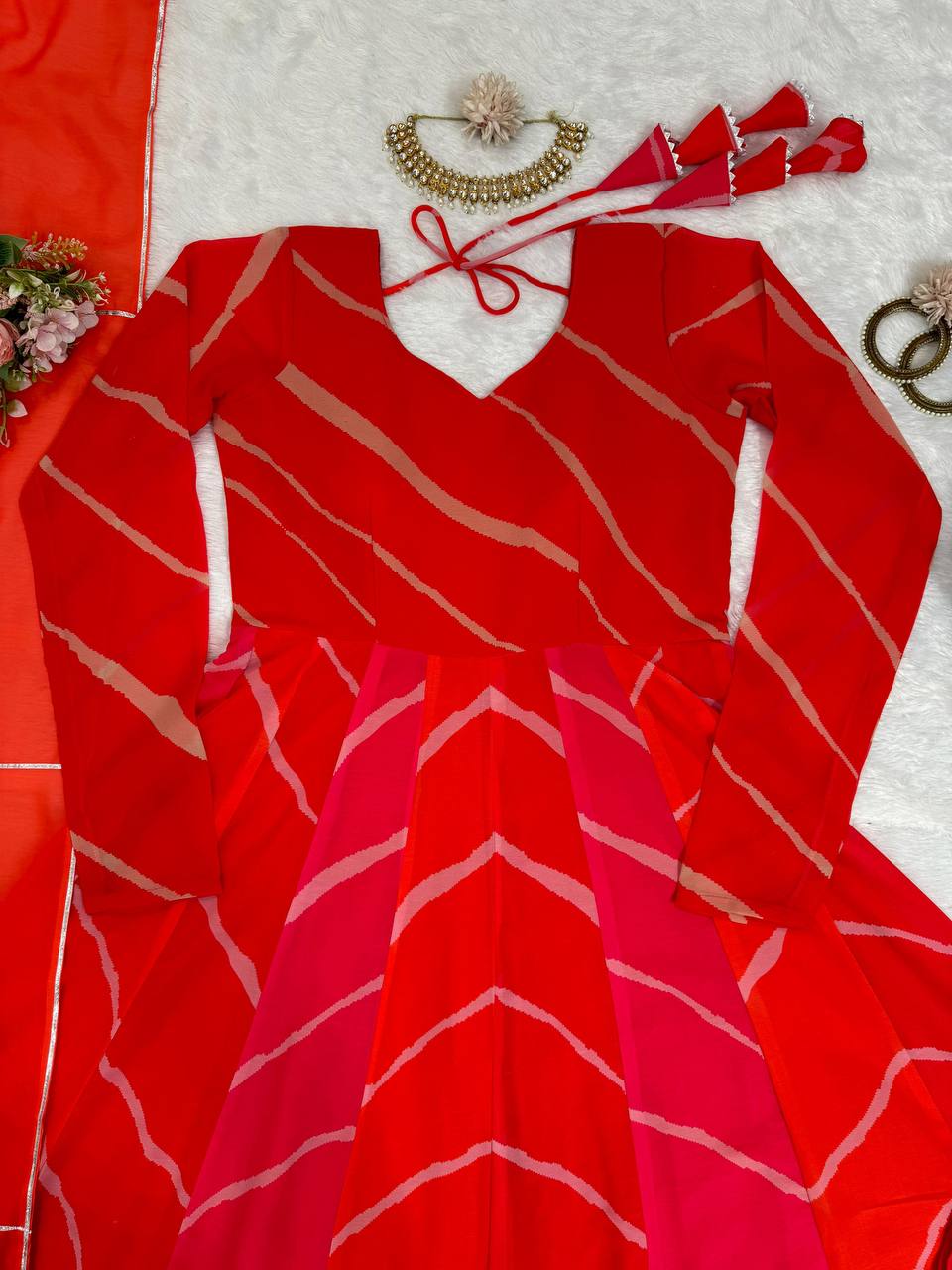 Red printed georgette long designer anarkali suit