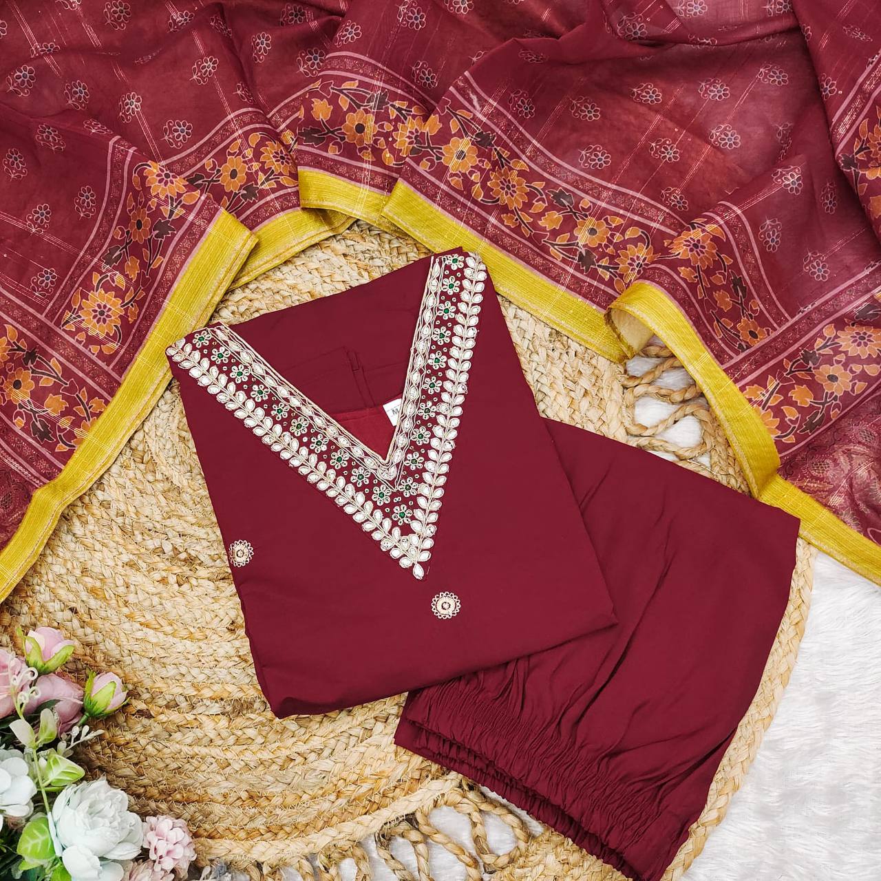 Red roman silk salwar suit
