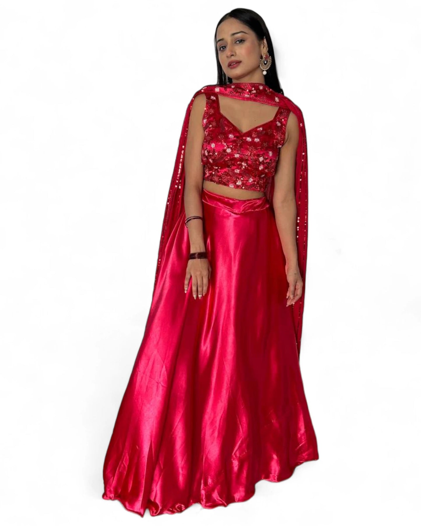 Red satin embroidered party wear lehenga choli