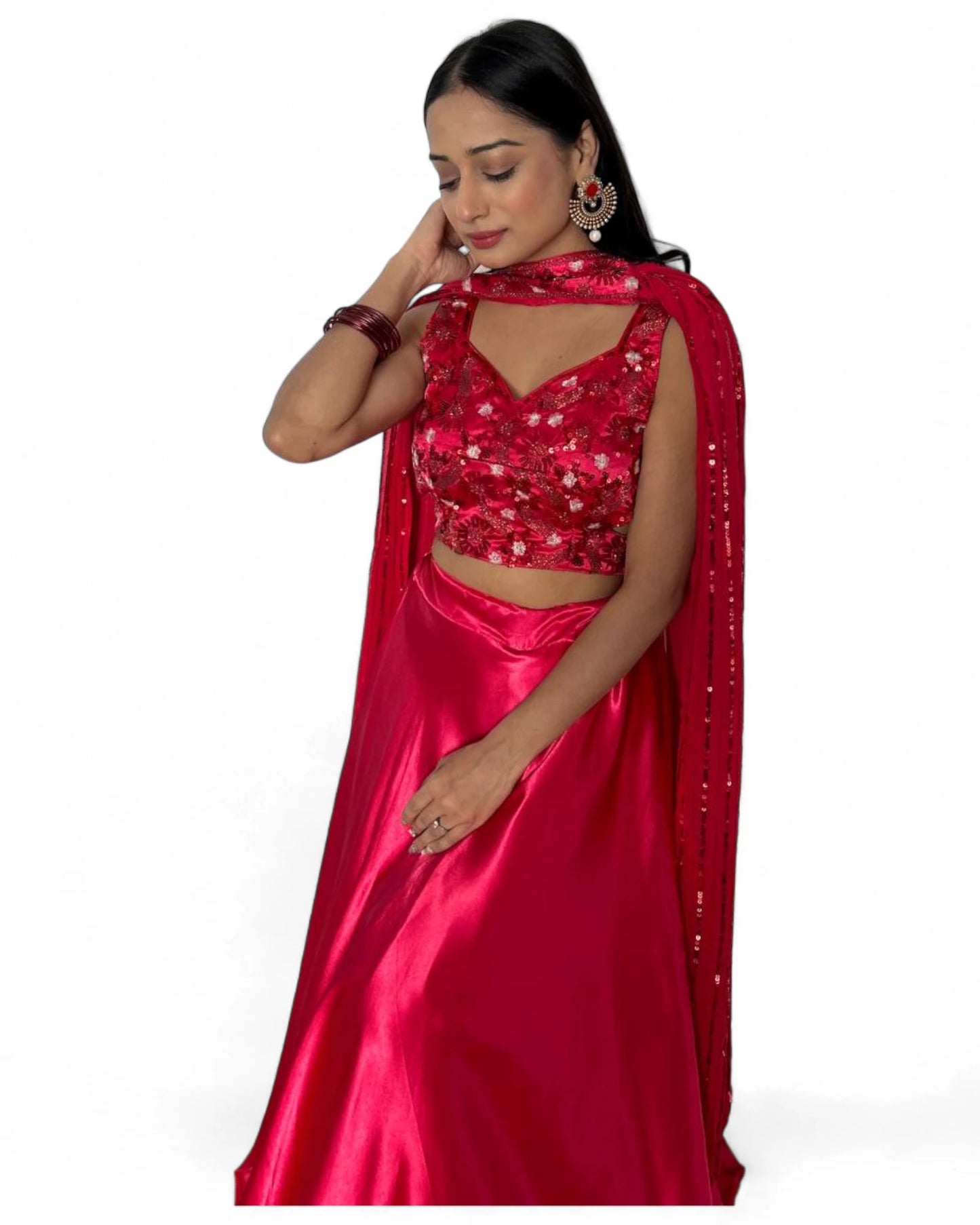 Red satin embroidered party wear lehenga choli