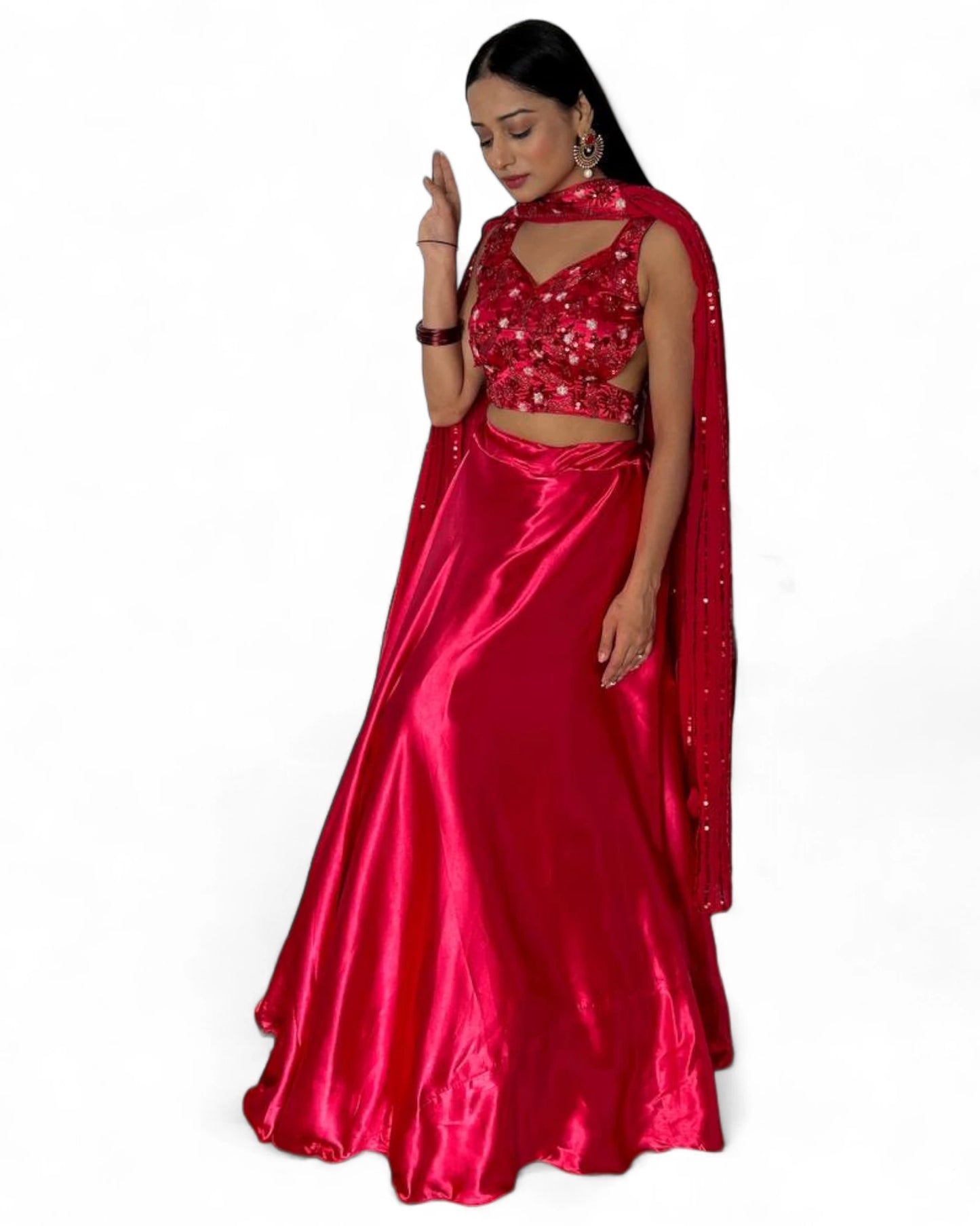 Red satin embroidered party wear lehenga choli