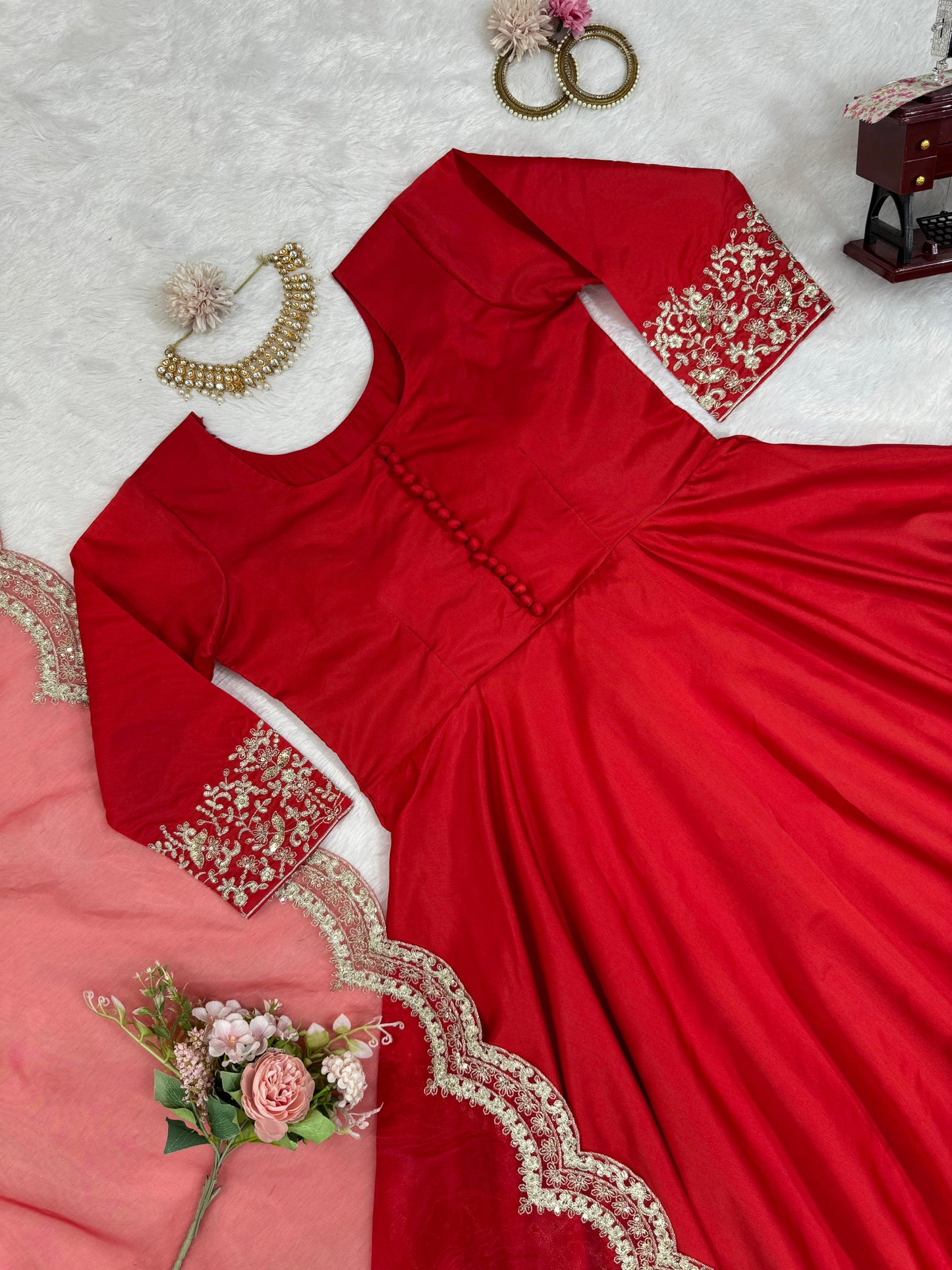 Red tapeta silk designer stylish anarkali suit