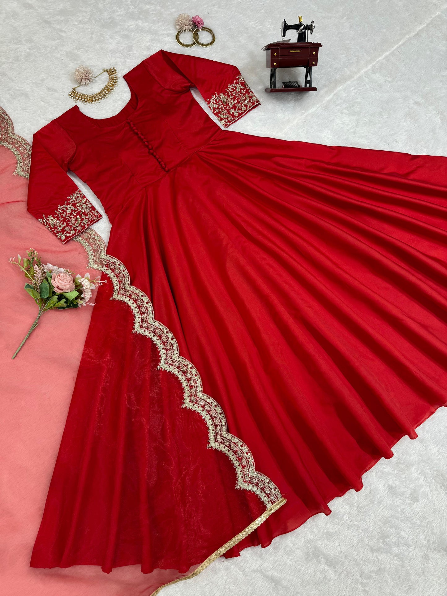 Red tapeta silk designer stylish anarkali suit