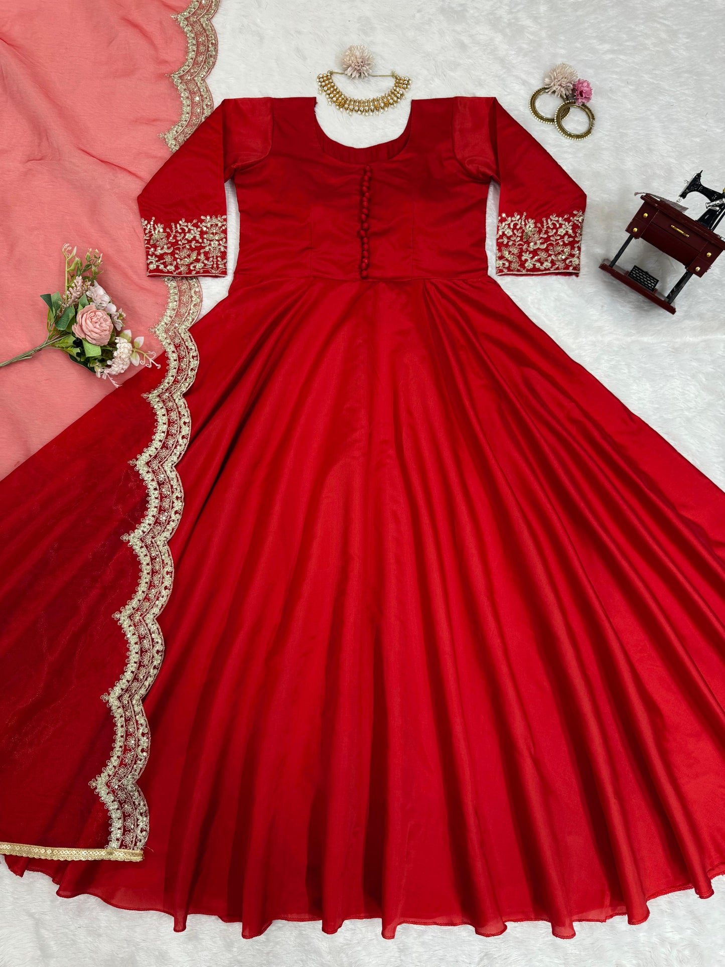 Red tapeta silk designer stylish anarkali suit