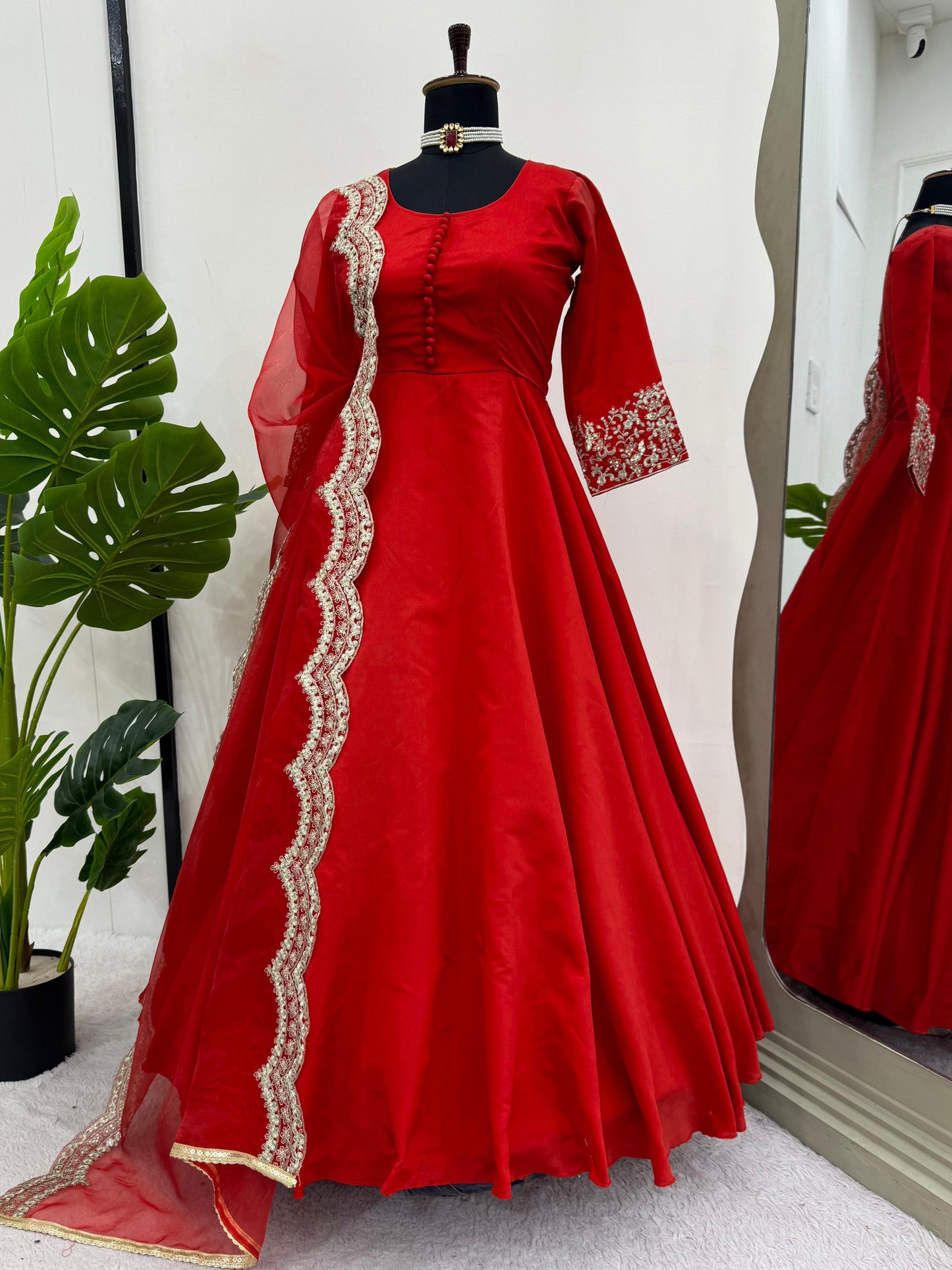 Red tapeta silk designer stylish anarkali suit