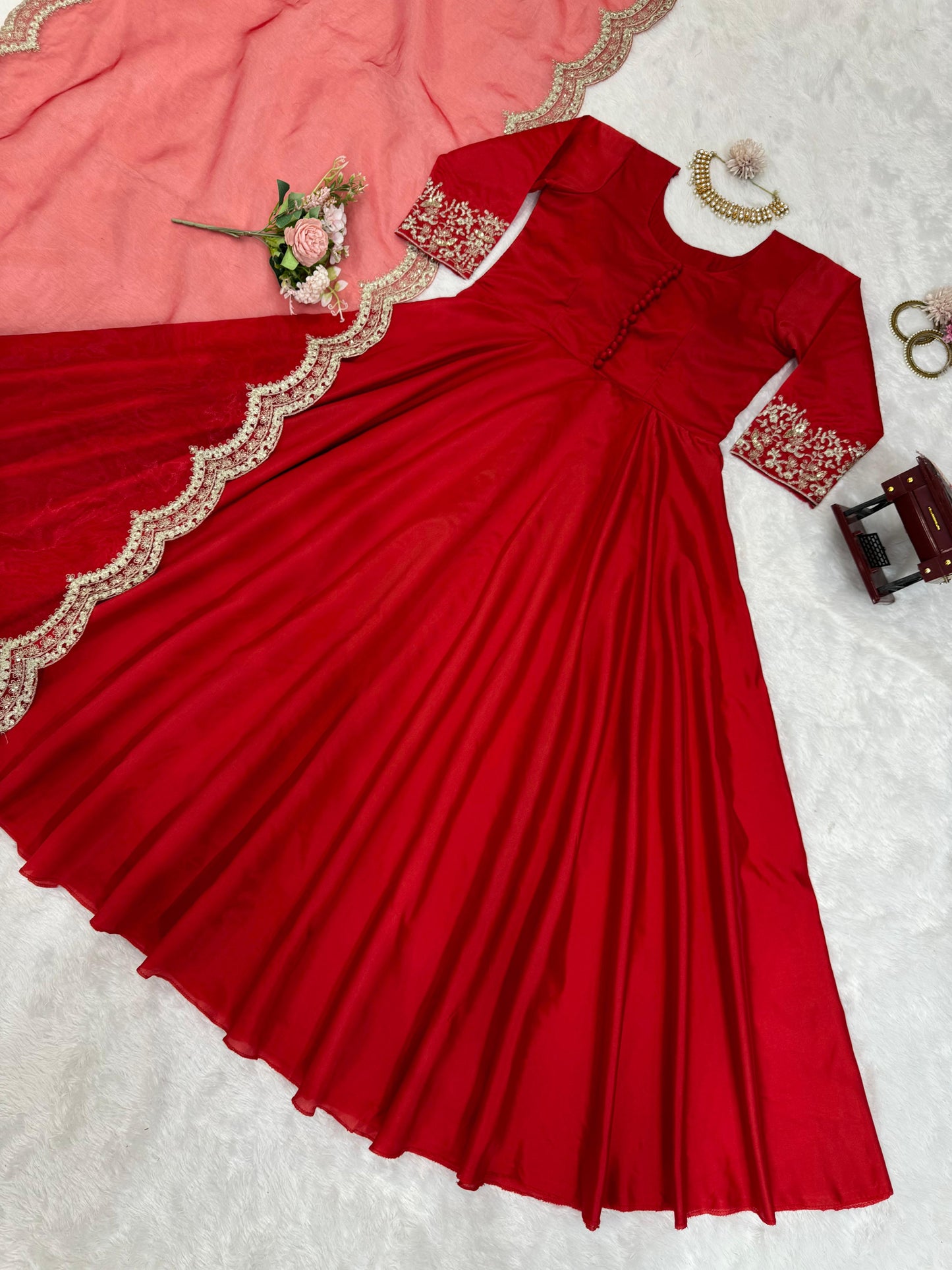Red tapeta silk designer stylish anarkali suit
