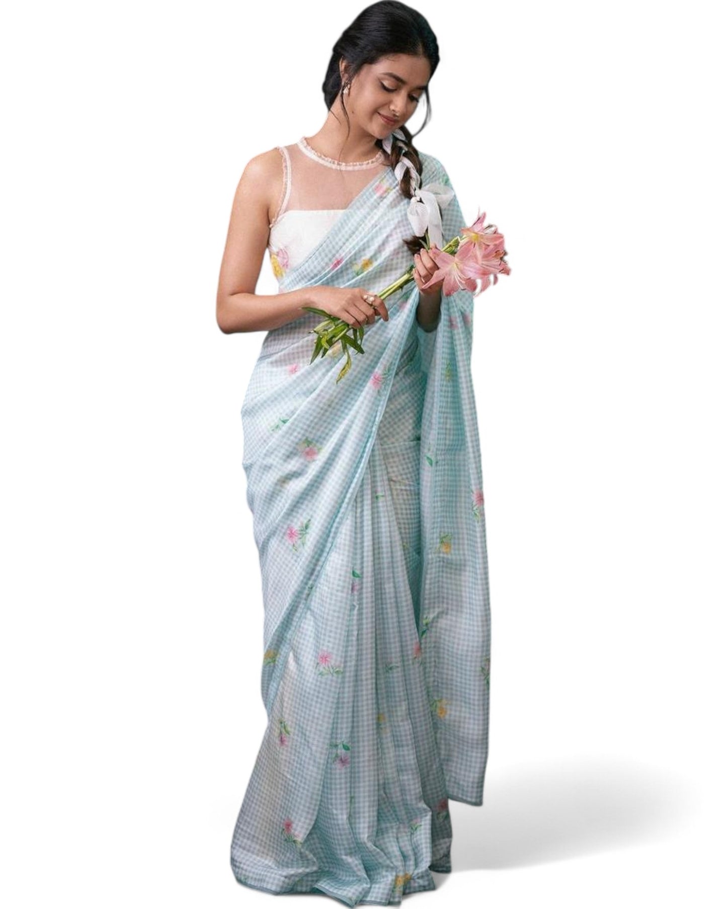 Sea Green Linen Cotton Small Chex Printed Office Wear Stylish Saree