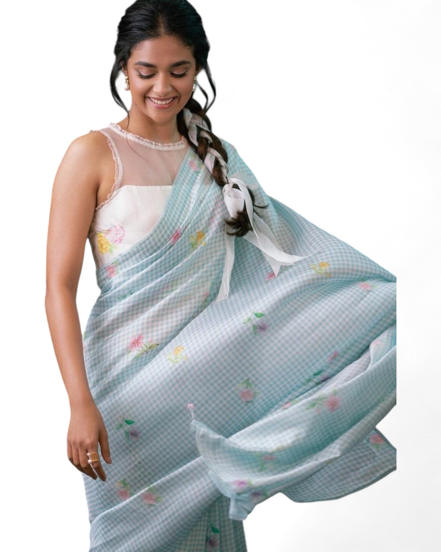 Sea Green Linen Cotton Small Chex Printed Office Wear Stylish Saree