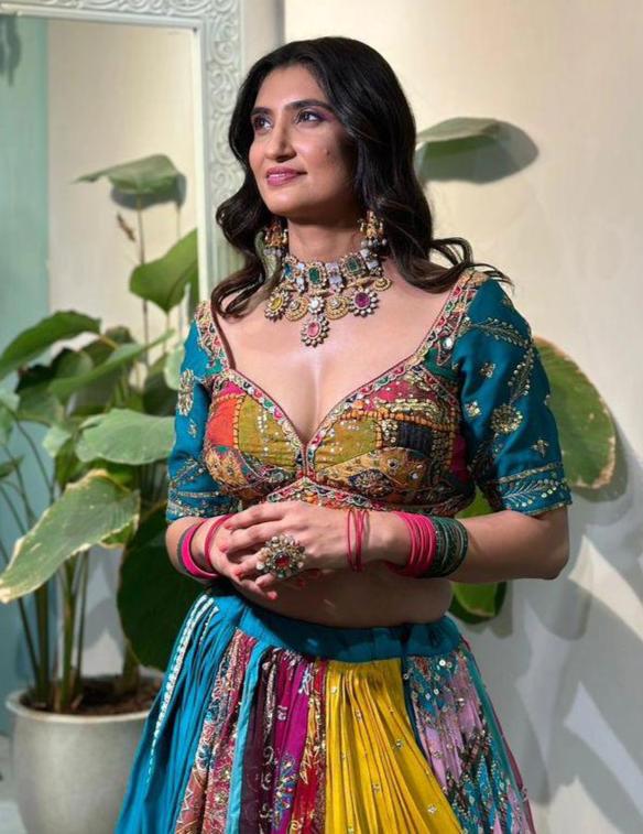 Sea green print mirror work navratri lehenga chaniya choli