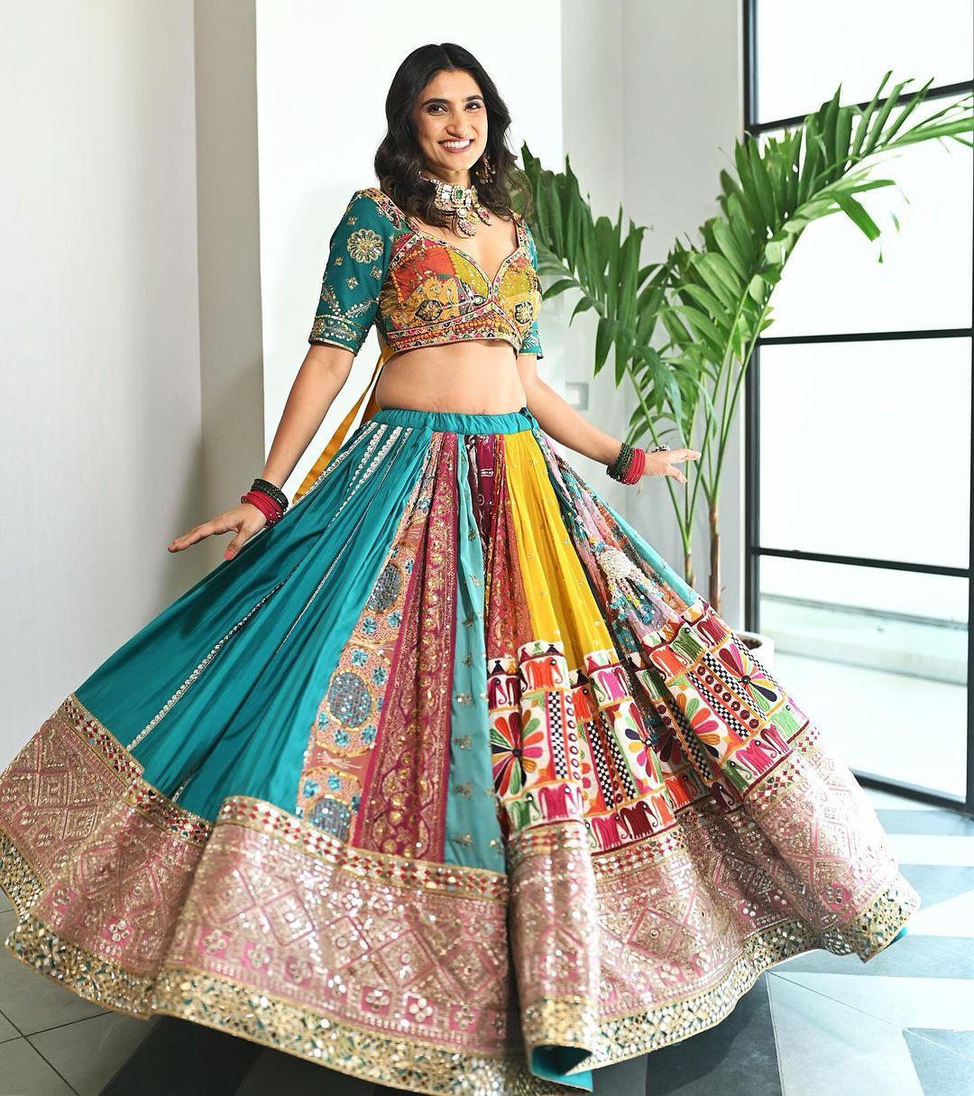 Sea green print mirror work navratri lehenga chaniya choli