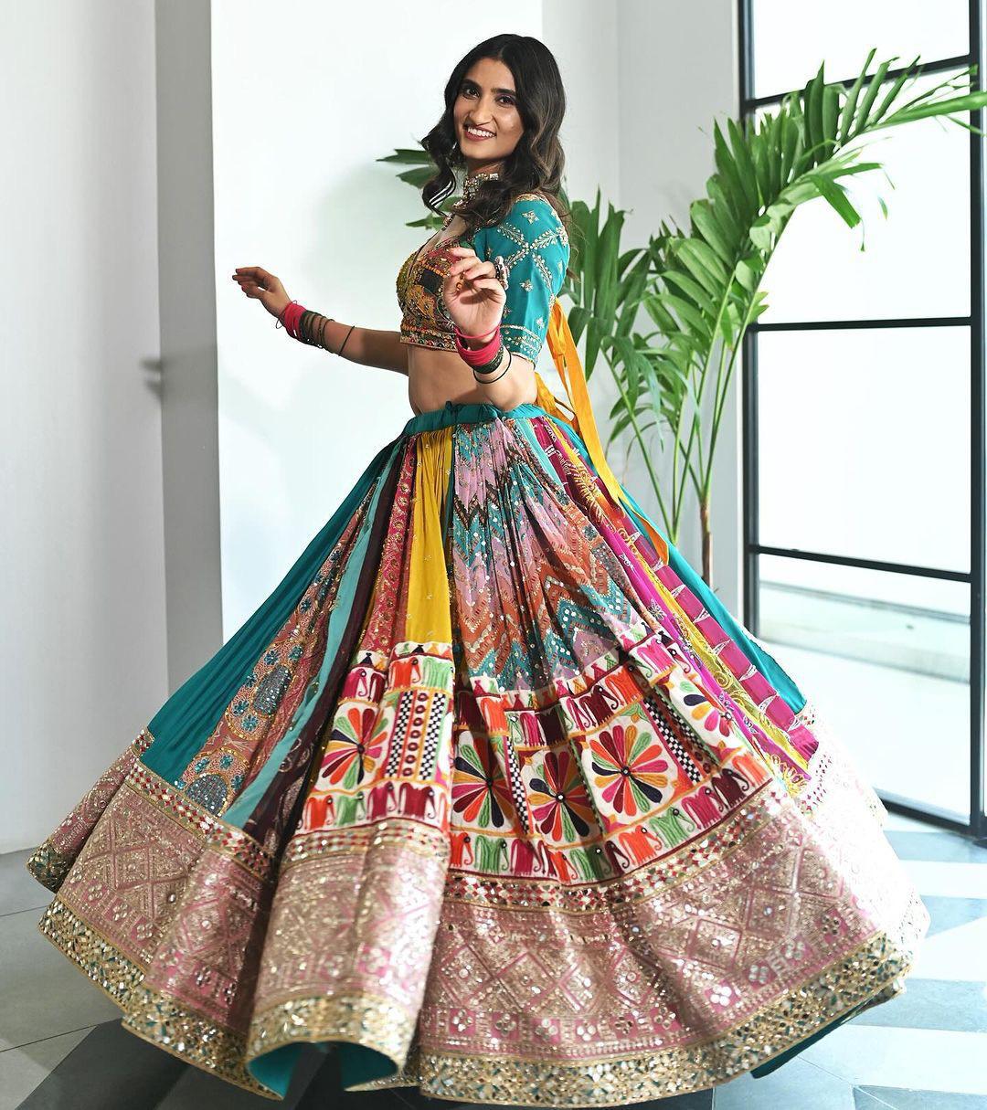 Sea green print mirror work navratri lehenga chaniya choli