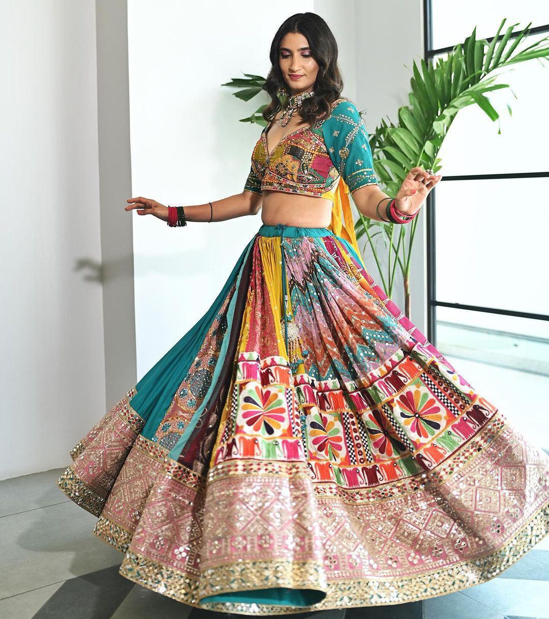Sea green print mirror work navratri lehenga chaniya choli