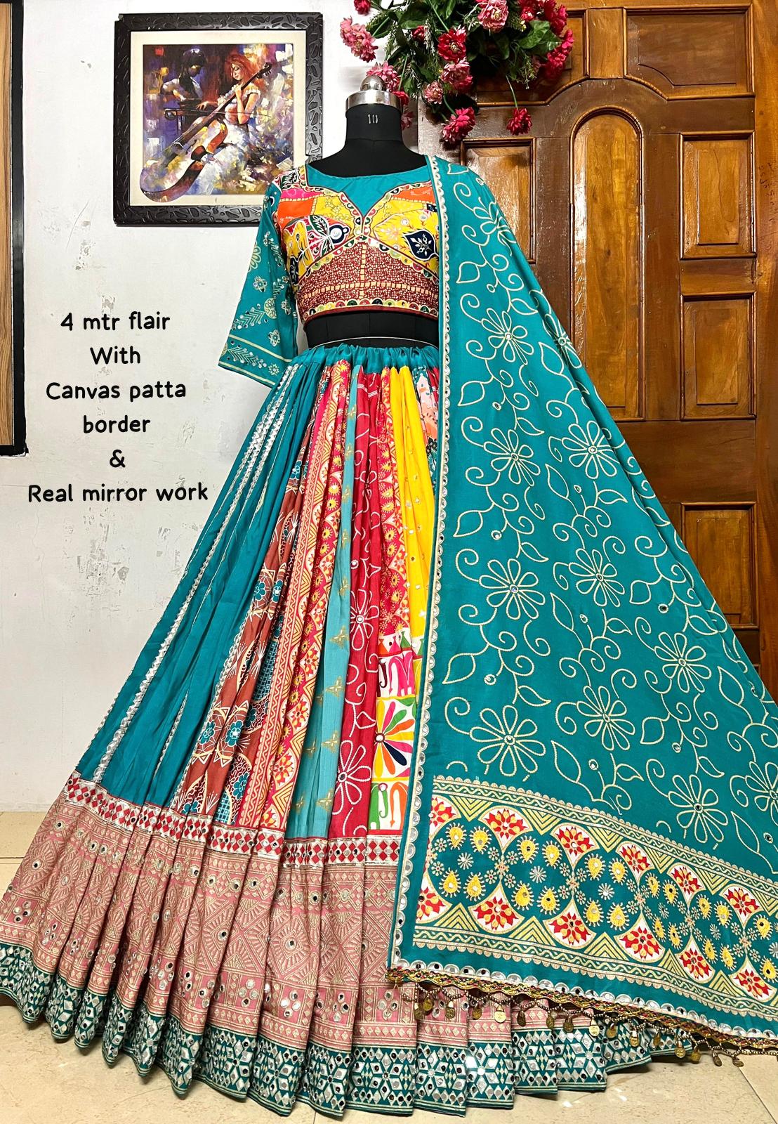 Sea green print mirror work navratri lehenga chaniya choli