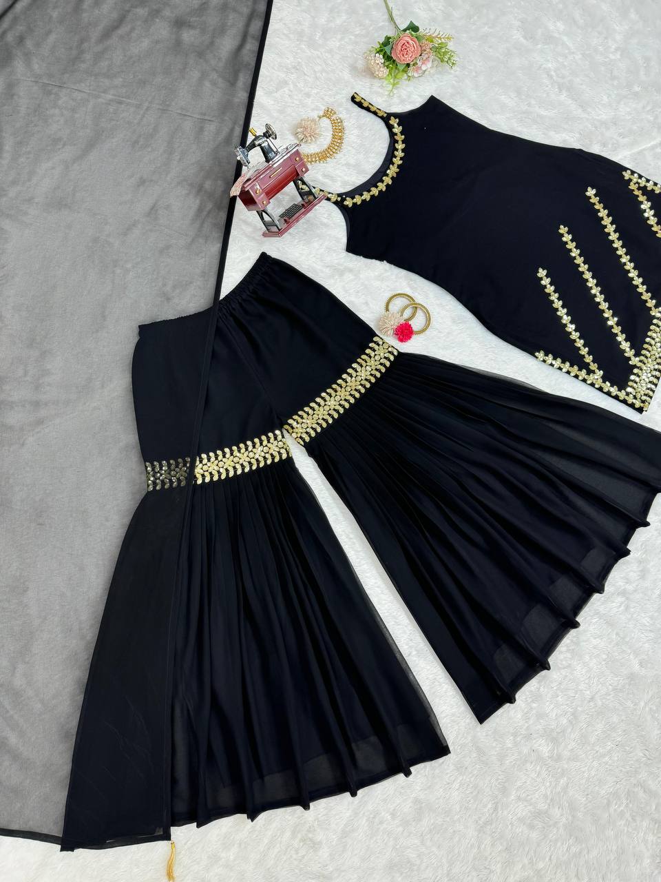 Stylish designer georgette embroidered sharara suit Black