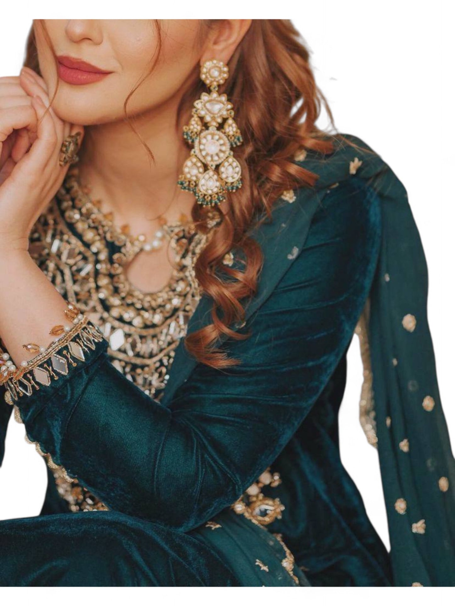 Teal green velvet heavy work designer wedding palazzo suit