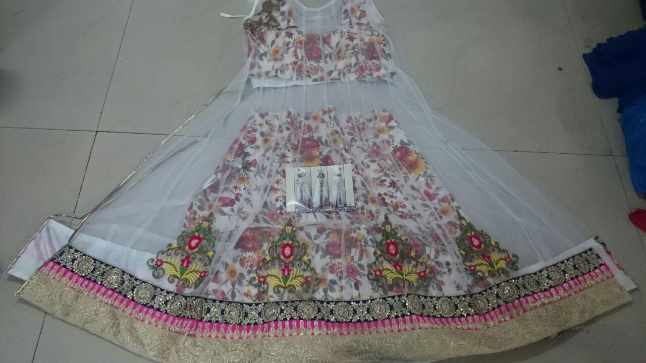Mahaveer Designer printed and embroidered white lehenga