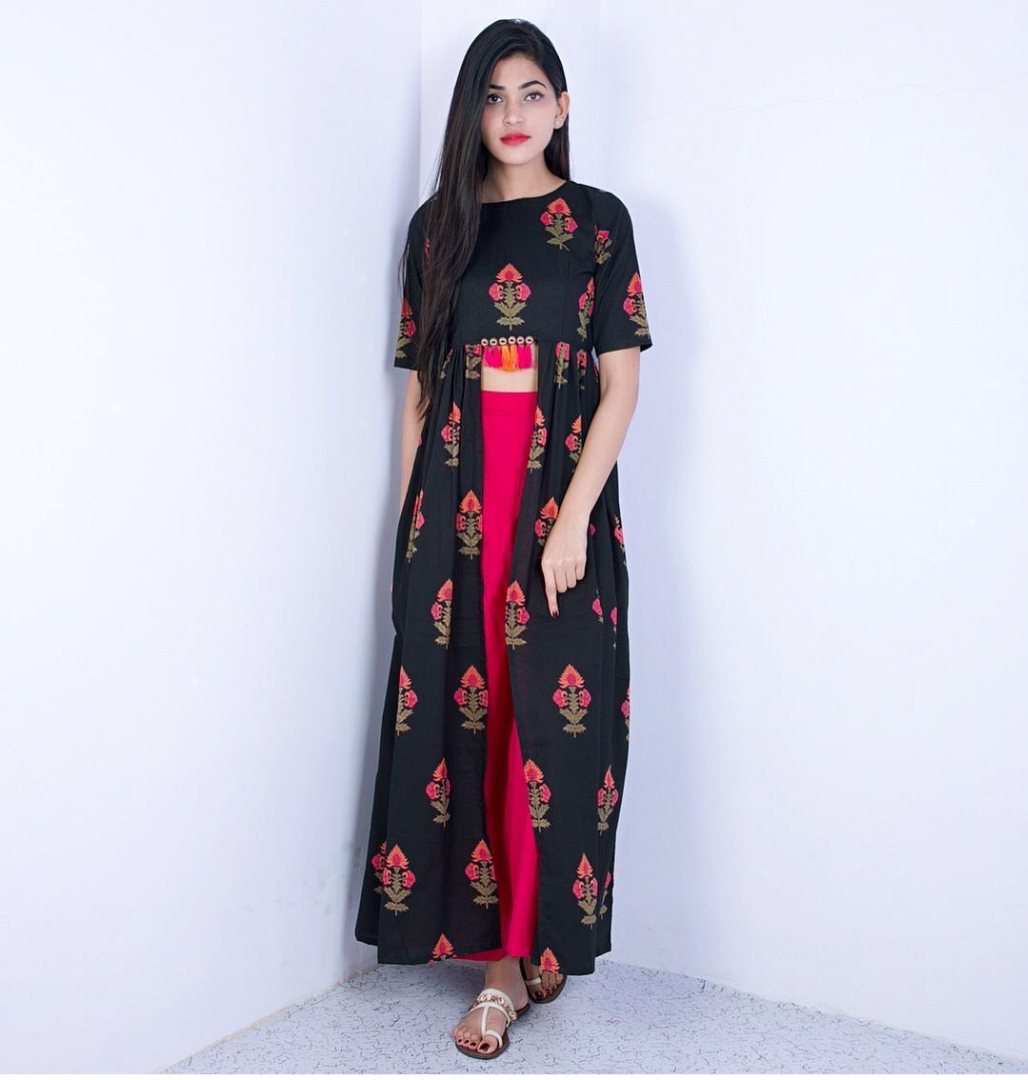black heavy reyon cotton printed pink plazzo kurti