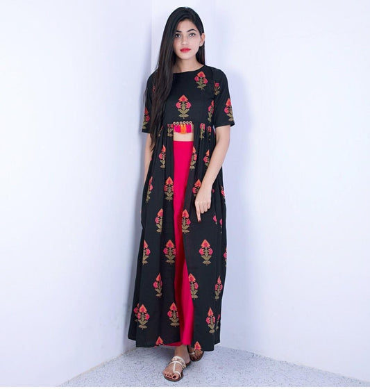 black heavy reyon cotton printed pink plazzo kurti