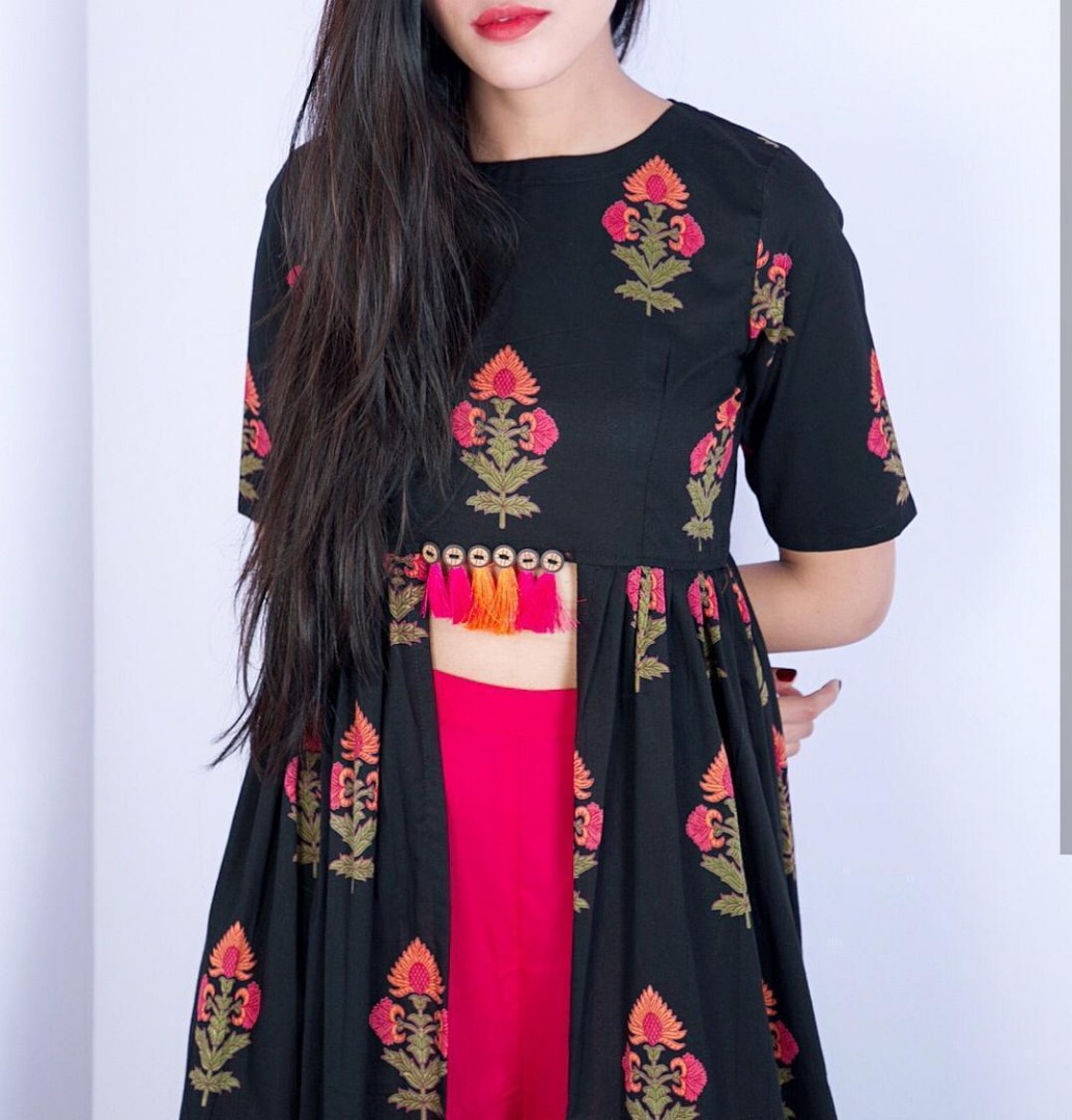 black heavy reyon cotton printed pink plazzo kurti