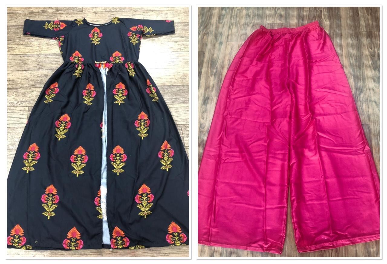 black heavy reyon cotton printed pink plazzo kurti