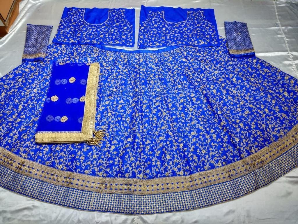 maroon and blue banglori satin designer embroidered bridal lehenga choli