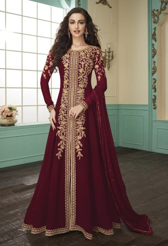 Maroon georgette codding embroidery wedding long salwar suit