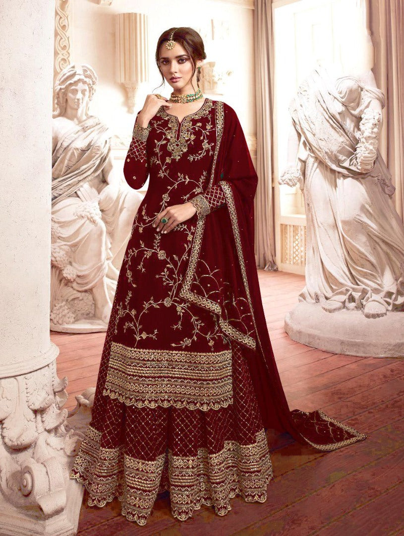 Maroon georgette heavy embroidered wedding plazzo salwar suit