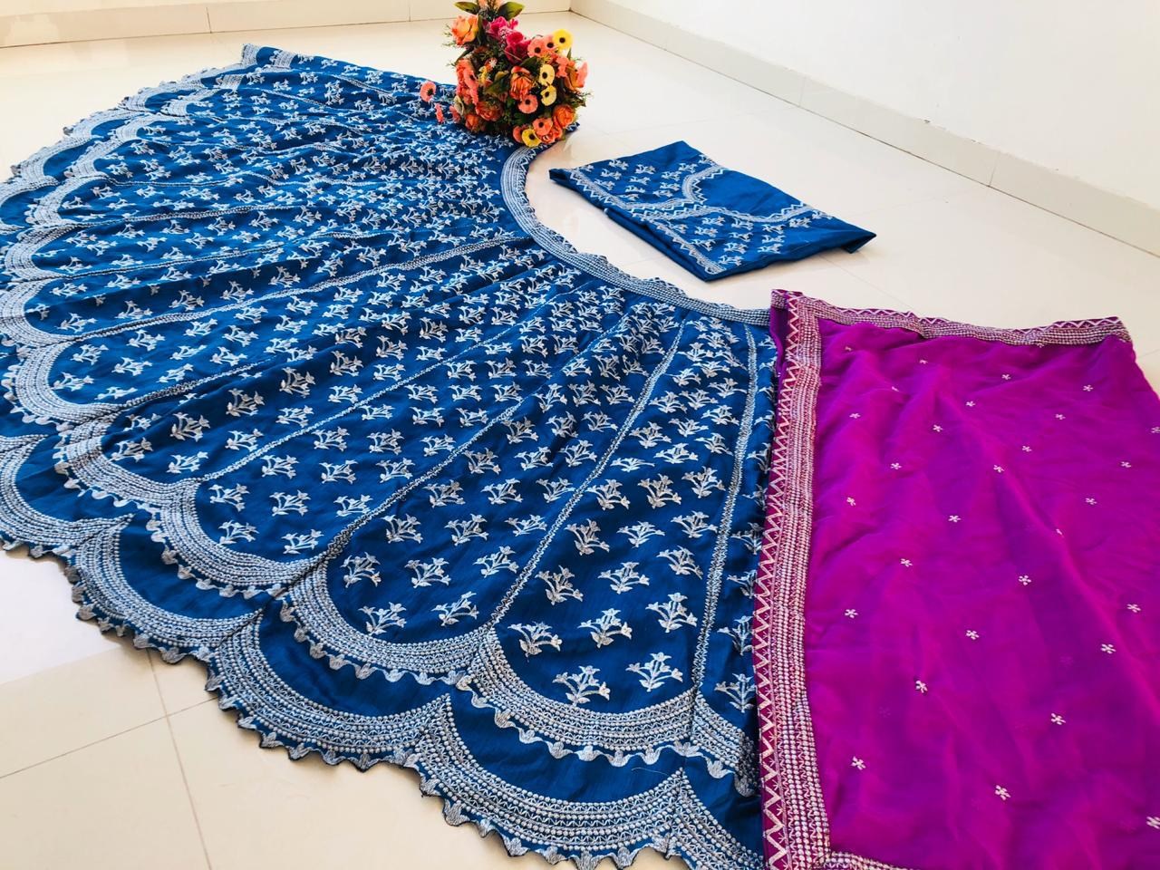 Blue banglory silk embroidery work wedding lehenga choli