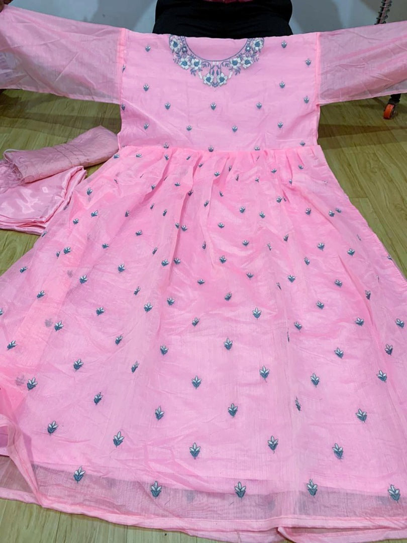 Baby pink chanderi embroidered anarkali suit