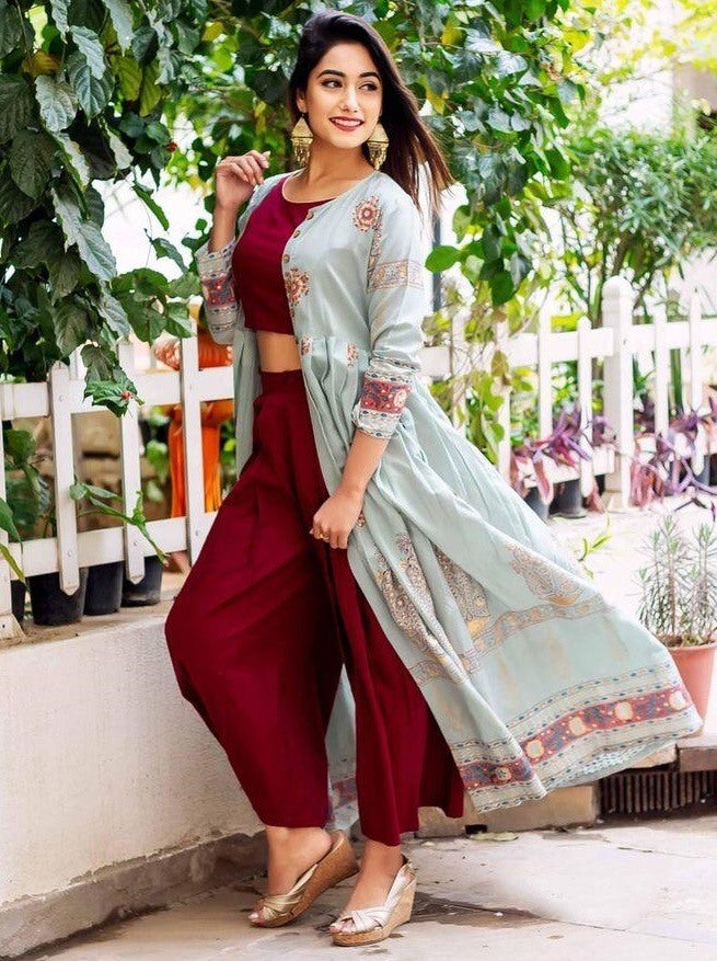 Stylist maroon plazzo salwar suit with printed shrug