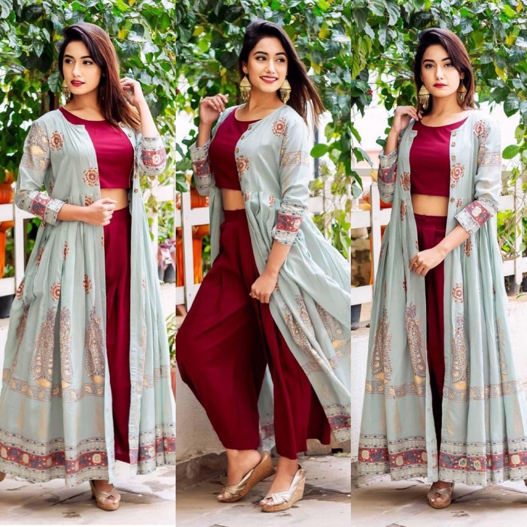 Stylist maroon plazzo salwar suit with printed shrug