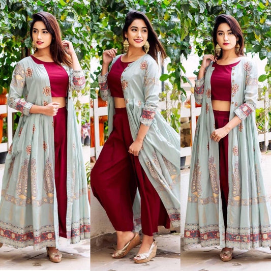 Stylist maroon plazzo salwar suit with printed shrug