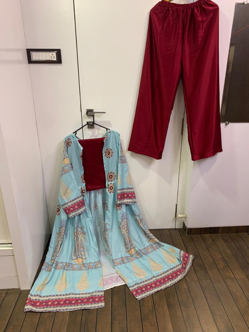 Stylist maroon plazzo salwar suit with printed shrug
