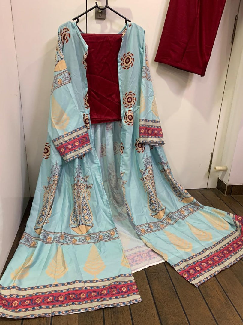 Stylist maroon plazzo salwar suit with printed shrug